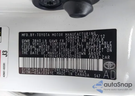 2012 Toyota Corolla Le из США, поврежденный, VIN 2T1BU4EE9CC902696